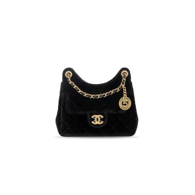 CHANEL MASTER BLACK SMALL QUILTED VELVET WAVY CC HOBO AS4323 (19*17*6cm)